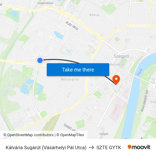 Kálvária Sugárút (Vásárhelyi Pál Utca) to SZTE GYTK map
