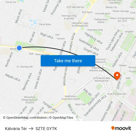 Kálvária Tér to SZTE GYTK map