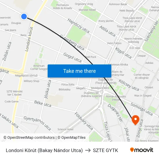 Londoni Körút (Bakay Nándor Utca) to SZTE GYTK map