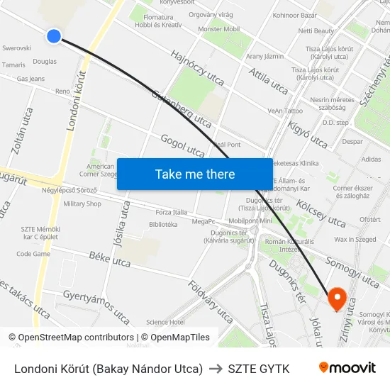 Londoni Körút (Bakay Nándor Utca) to SZTE GYTK map