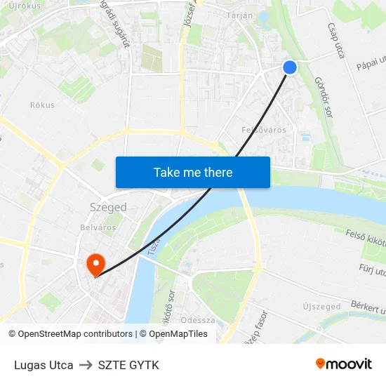 Lugas Utca to SZTE GYTK map