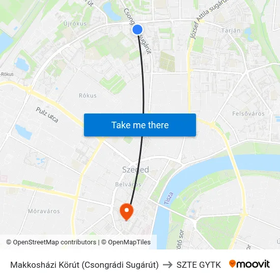 Makkosházi Körút (Csongrádi Sugárút) to SZTE GYTK map