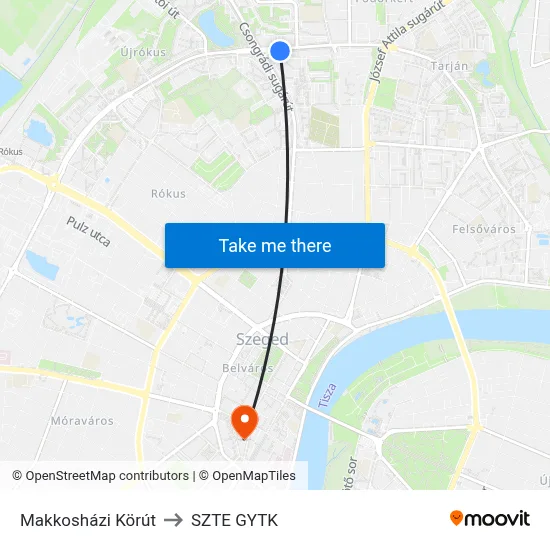 Makkosházi Körút to SZTE GYTK map