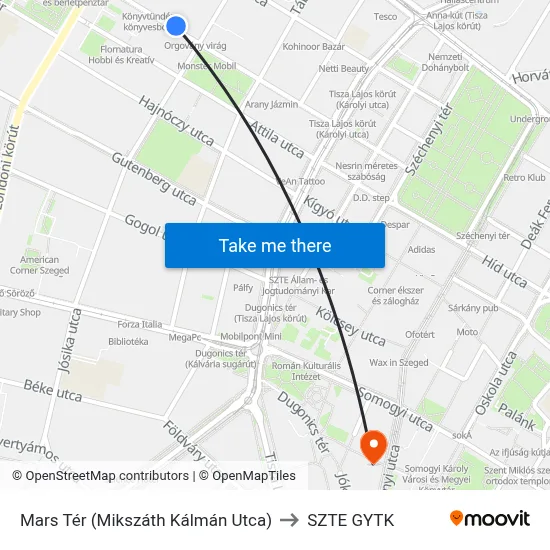 Mars Tér (Mikszáth Kálmán Utca) to SZTE GYTK map