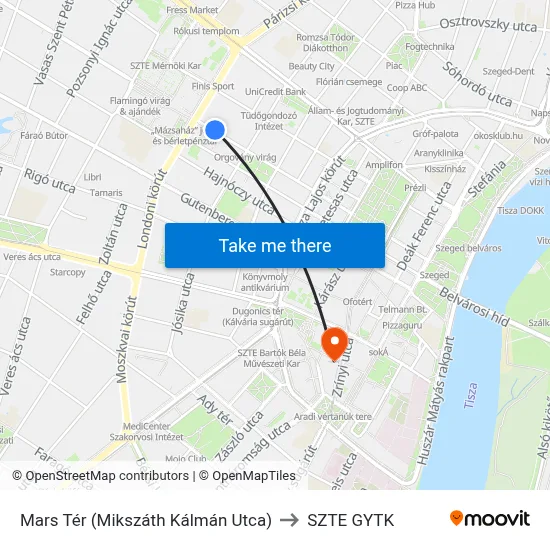 Mars Tér (Mikszáth Kálmán Utca) to SZTE GYTK map
