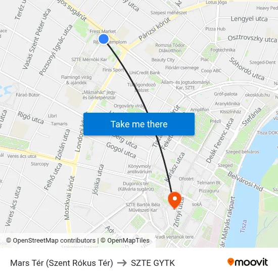 Mars Tér (Szent Rókus Tér) to SZTE GYTK map