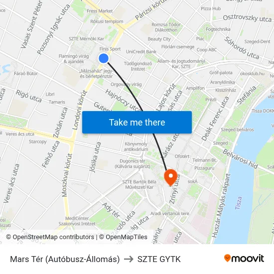 Mars Tér (Autóbusz-Állomás) to SZTE GYTK map