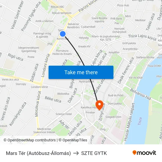 Mars Tér (Autóbusz-Állomás) to SZTE GYTK map