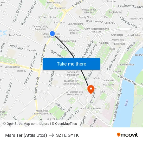 Mars Tér (Attila Utca) to SZTE GYTK map