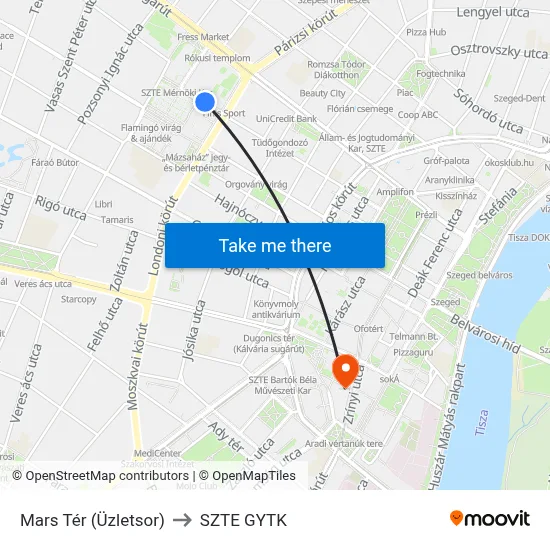 Mars Tér (Üzletsor) to SZTE GYTK map