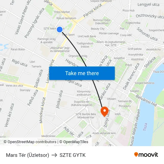 Mars Tér (Üzletsor) to SZTE GYTK map