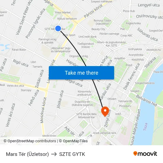 Mars Tér (Üzletsor) to SZTE GYTK map