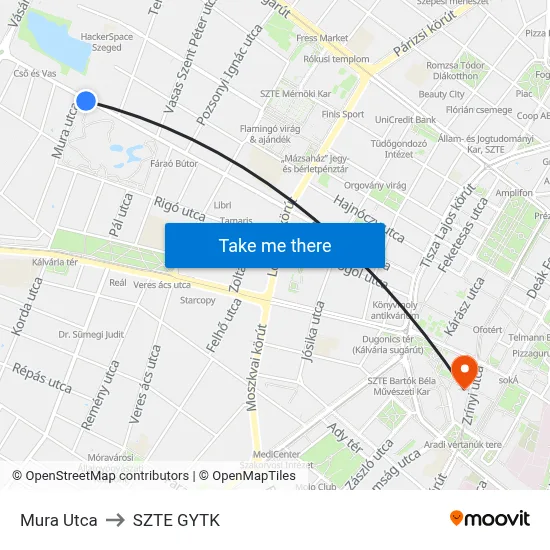 Mura Utca to SZTE GYTK map
