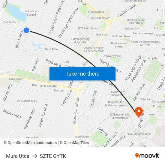 Mura Utca to SZTE GYTK map