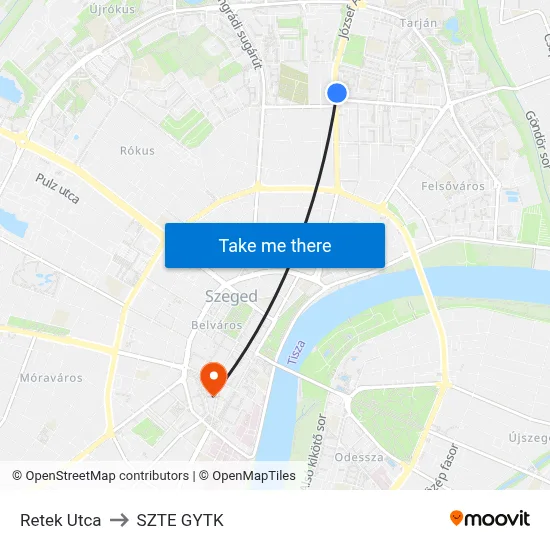 Retek Utca to SZTE GYTK map