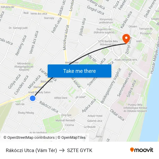 Rákóczi Utca (Vám Tér) to SZTE GYTK map