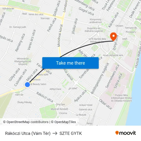 Rákóczi Utca (Vám Tér) to SZTE GYTK map