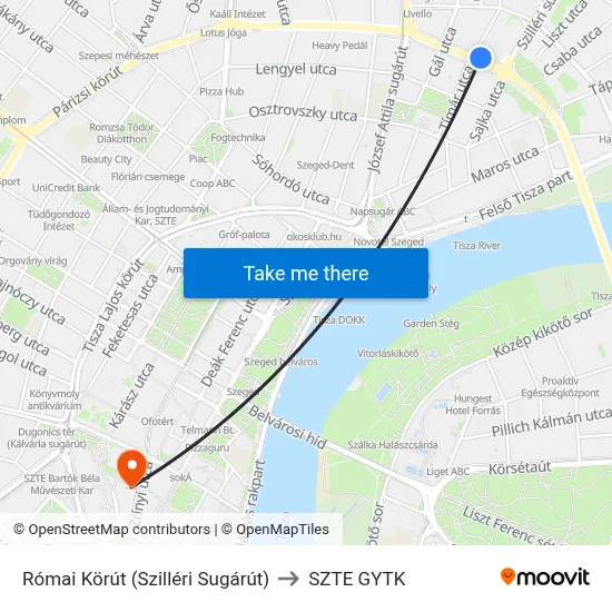 Római Körút (Szilléri Sugárút) to SZTE GYTK map