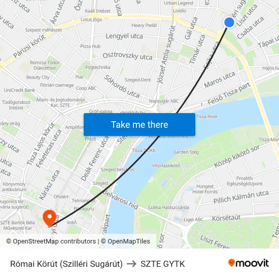 Római Körút (Szilléri Sugárút) to SZTE GYTK map