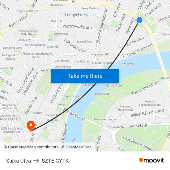Sajka Utca to SZTE GYTK map