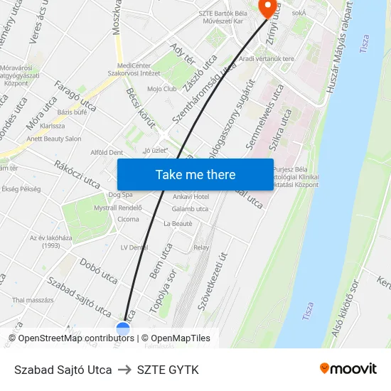 Szabad Sajtó Utca to SZTE GYTK map