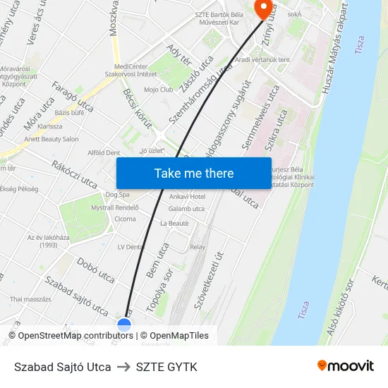 Szabad Sajtó Utca to SZTE GYTK map