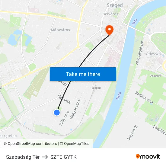 Szabadság Tér to SZTE GYTK map