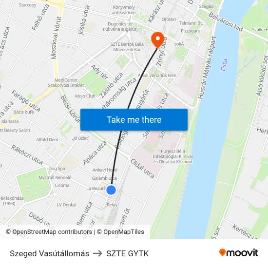 Szeged Vasútállomás to SZTE GYTK map