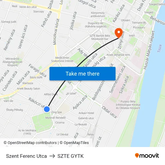 Szent Ferenc Utca to SZTE GYTK map