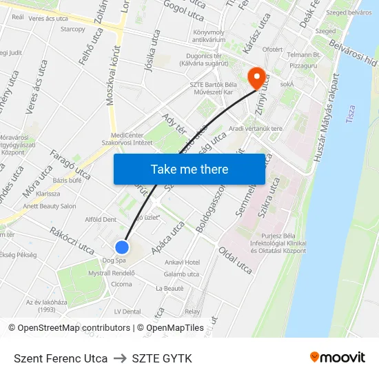 Szent Ferenc Utca to SZTE GYTK map
