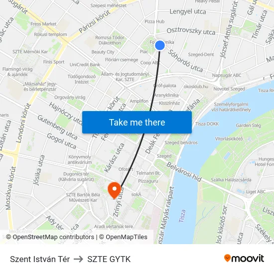 Szent István Tér to SZTE GYTK map