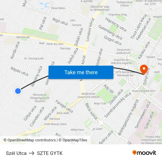Szél Utca to SZTE GYTK map