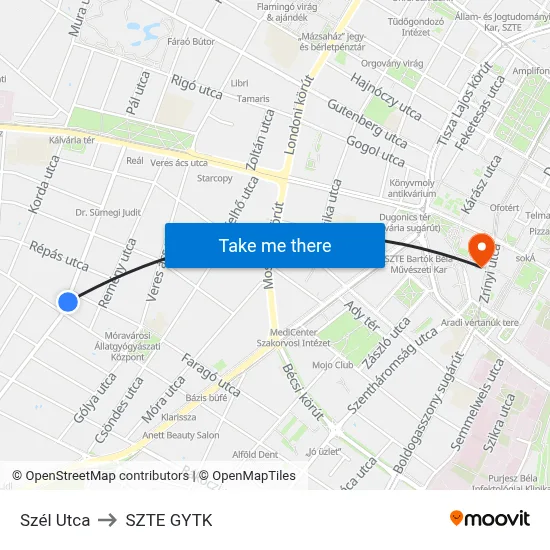 Szél Utca to SZTE GYTK map