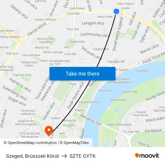 Szeged, Brüsszeli Körút to SZTE GYTK map