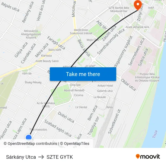 Sárkány Utca to SZTE GYTK map