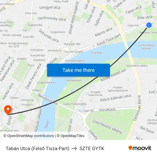 Tabán Utca (Felső Tisza-Part) to SZTE GYTK map