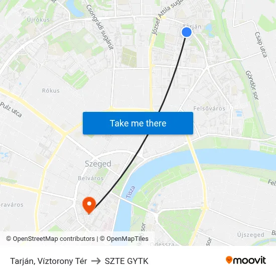 Tarján, Víztorony Tér to SZTE GYTK map