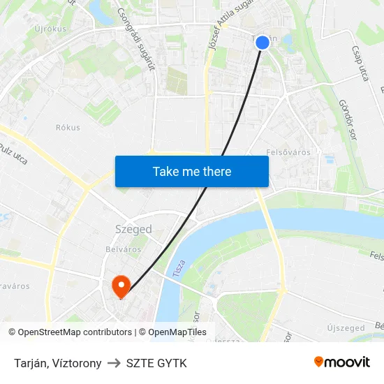 Tarján, Víztorony to SZTE GYTK map