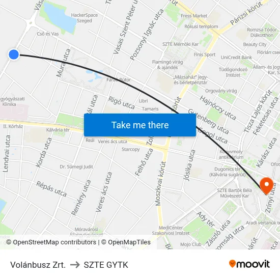 Volánbusz Zrt. to SZTE GYTK map