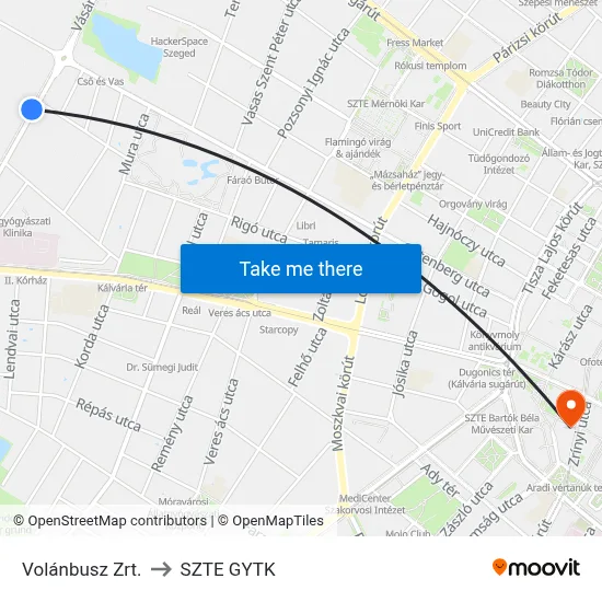 Volánbusz Zrt. to SZTE GYTK map