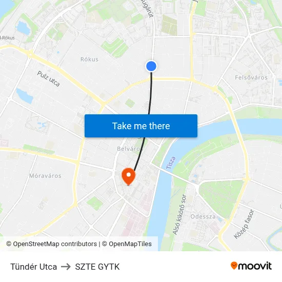 Tündér Utca to SZTE GYTK map