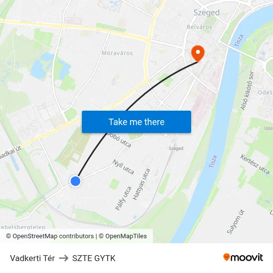 Vadkerti Tér to SZTE GYTK map