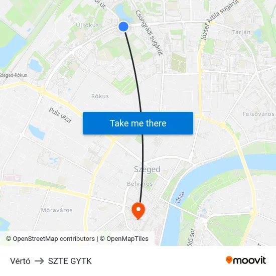 Vértó to SZTE GYTK map