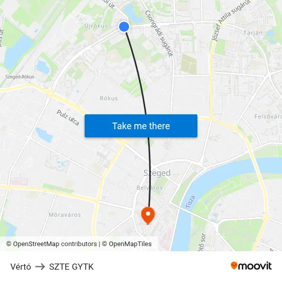 Vértó to SZTE GYTK map