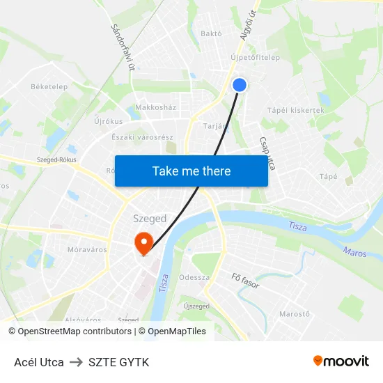 Acél Utca to SZTE GYTK map