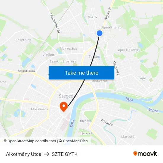 Alkotmány Utca to SZTE GYTK map