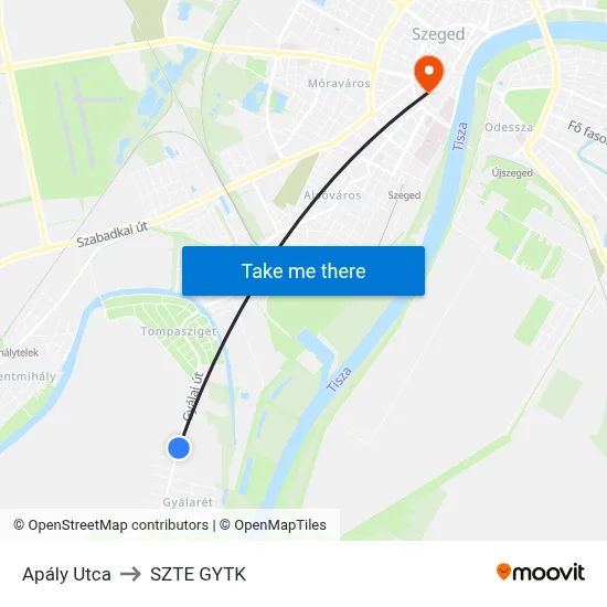 Apály Utca to SZTE GYTK map