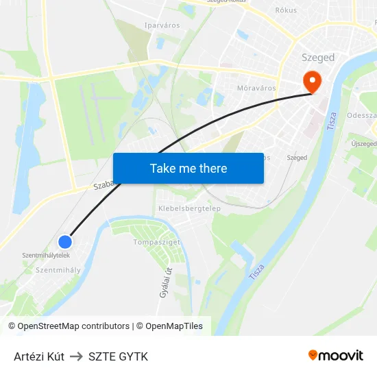Artézi Kút to SZTE GYTK map