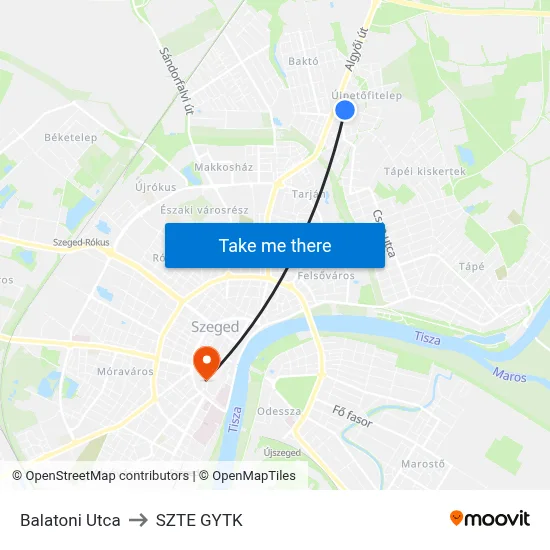 Balatoni Utca to SZTE GYTK map