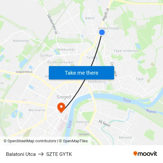 Balatoni Utca to SZTE GYTK map